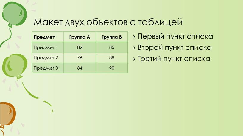 Макет двух объектов с таблицей