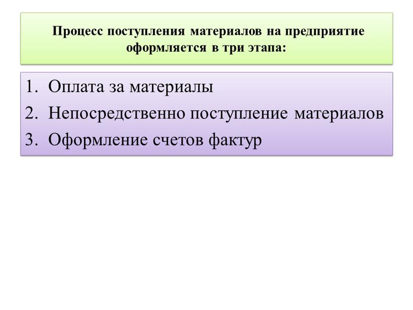 Процесс поступления материалов на предприятие оформляется в три этапа: