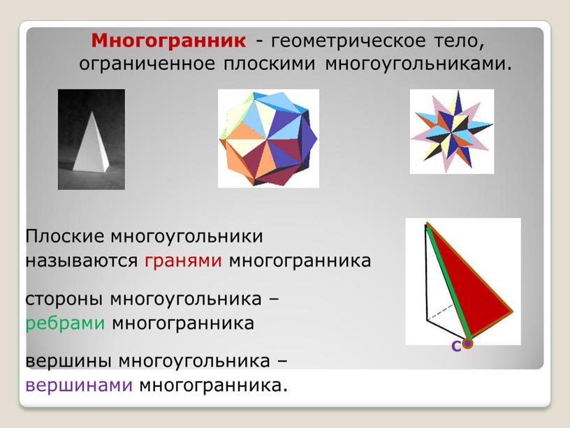 Многогранник - геометрическое тело, ограниченное плоскими многоугольниками