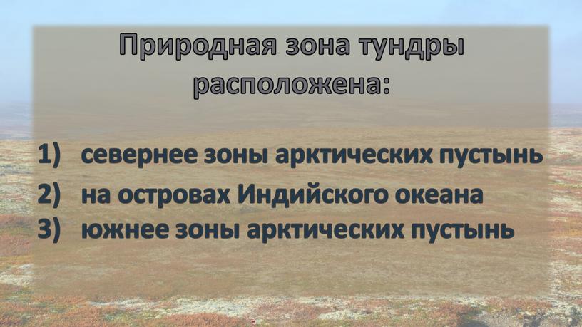 Природная зона тундры расположена: севернее зоны арктических пустынь на островах