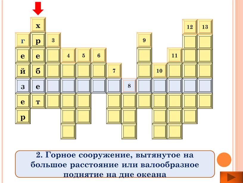 Горное сооружение, вытянутое на большое расстояние или валообразное поднятие на дне океана