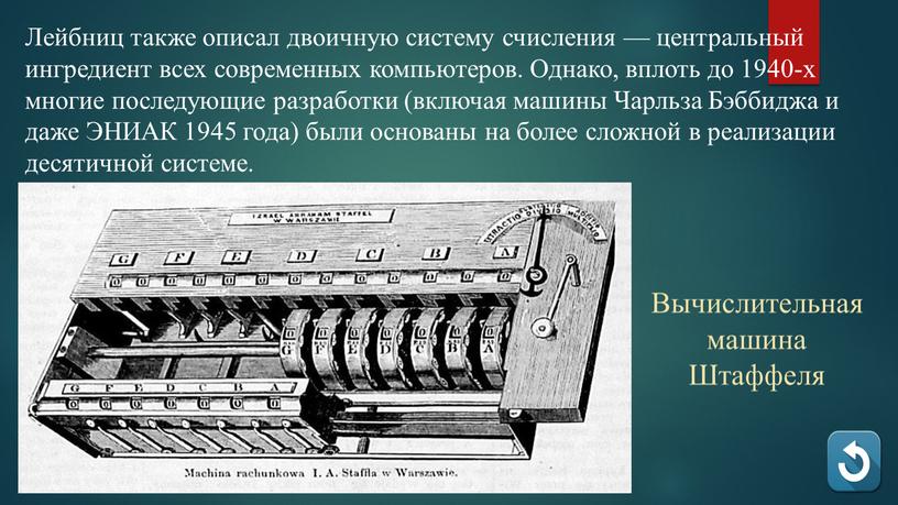 Лейбниц также описал двоичную систему счисления — центральный ингредиент всех современных компьютеров