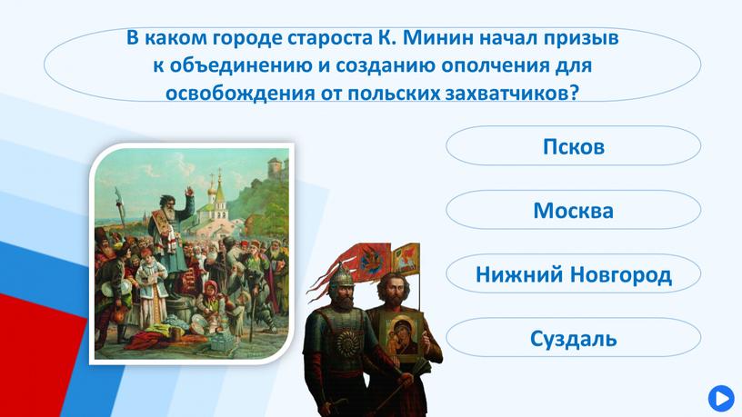 В каком городе староста К. Минин начал призыв к объединению и созданию ополчения для освобождения от польских захватчиков?