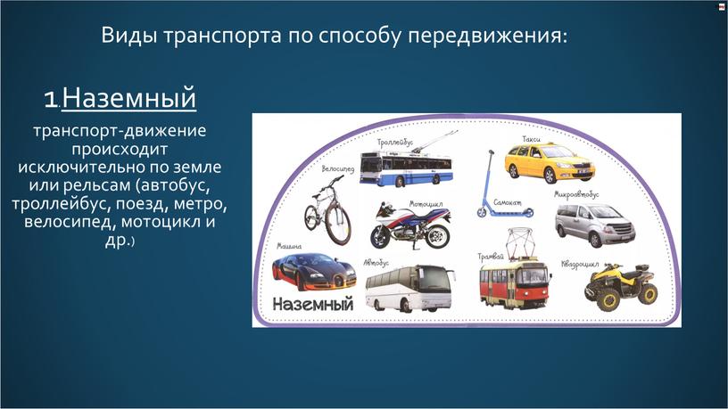 Наземный транспорт-движение происходит исключительно по земле или рельсам (автобус, троллейбус, поезд, метро, велосипед, мотоцикл и др