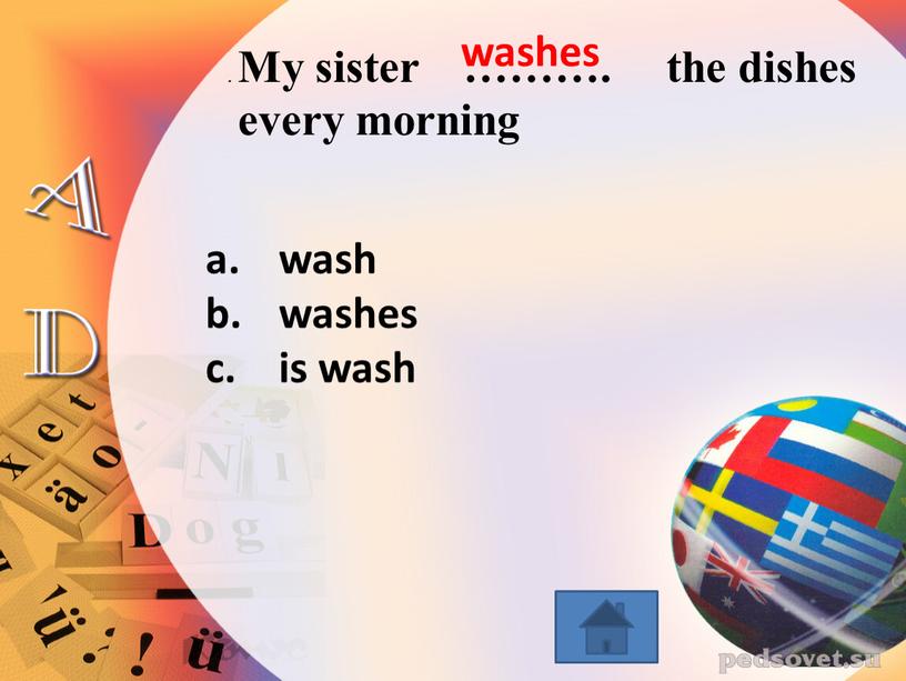 My sister ………. the dishes every morning wash washes is wash washes