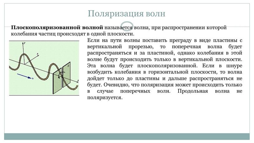 Поляризация волн Плоскополяризованной волной называется волна, при распространении которой колебания частиц происходят в одной плоскости