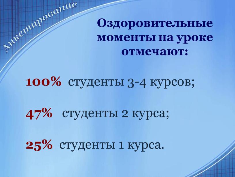 Оздоровительные моменты на уроке отмечают: 100% студенты 3-4 курсов; 47% студенты 2 курса; 25% студенты 1 курса