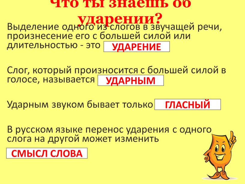 Что ты знаешь об ударении? Выделение одного из слогов в звучащей речи, произнесение его с большей силой или длительностью - это