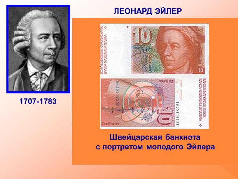 ЛЕОНАРД ЭЙЛЕР 1707-1783 Российский, немецкий и швейцарский математик, внёсший значительный вклад в развитие математики, механики, физики, астрономии и ряда прикладных наук