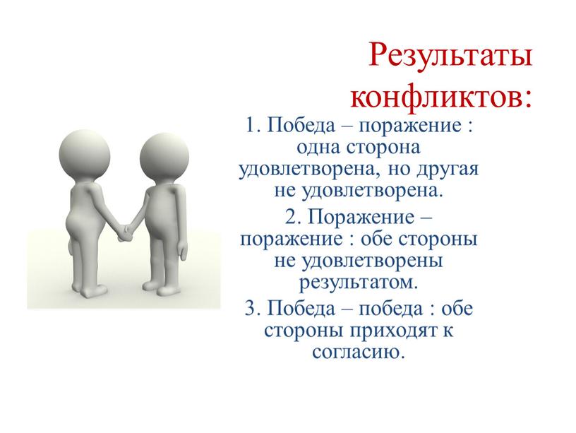 Результаты конфликтов: 1. Победа – поражение : одна сторона удовлетворена, но другая не удовлетворена