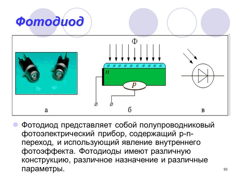 Фотодиод Фотодиод представляет собой полупроводниковый фотоэлектрический прибор, содержащий p-n-переход, и использующий явление внутреннего фотоэффекта