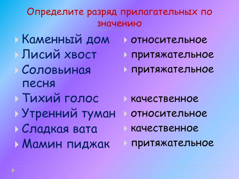 Определите разряд прилагательных по значению