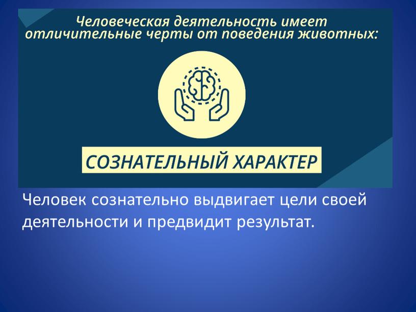 Человек сознательно выдвигает цели своей деятельности и предвидит результат