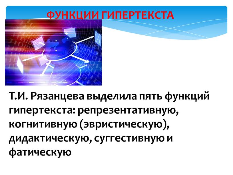 Т.И. Рязанцева выделила пять функций гипертекста: репрезентативную, когнитивную (эвристическую), дидактическую, суггестивную и фатическую