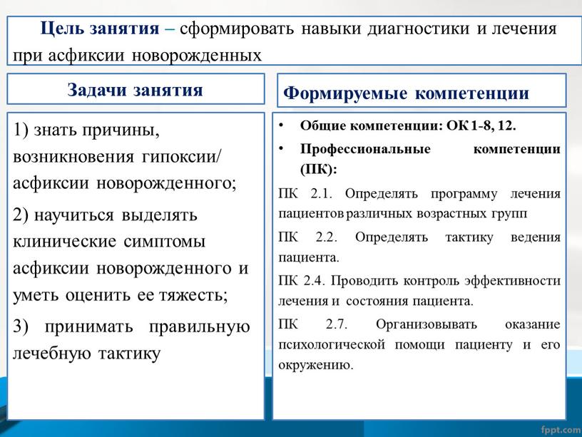 Цель занятия – сформировать навыки диагностики и лечения при асфиксии новорожденных