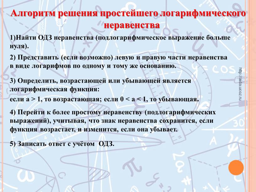 Алгоритм решения простейшего логарифмического неравенства http://aida