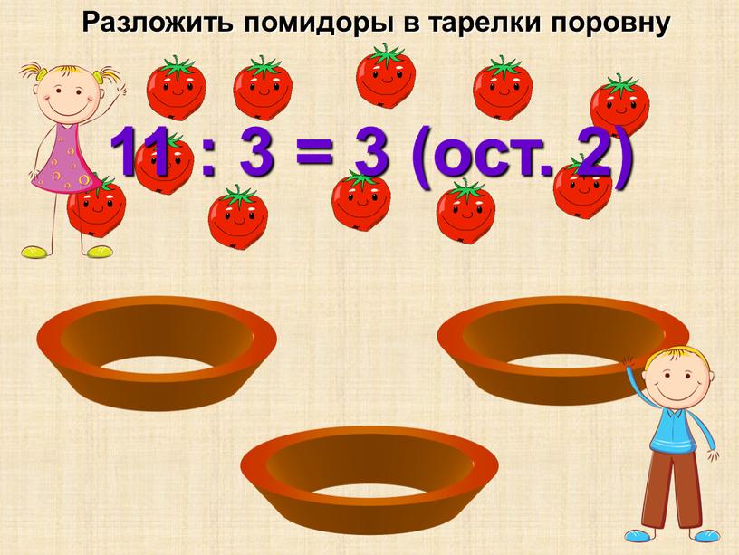 Разложить помидоры в тарелки поровну 11 : 3 = 3 (ост