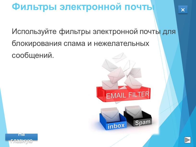 Фильтры электронной почты Используйте фильтры электронной почты для блокирования спама и нежелательных сообщений