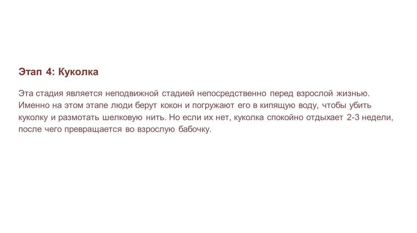 Этап 4: Куколка Эта стадия является неподвижной стадией непосредственно перед взрослой жизнью