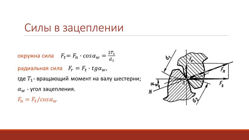 Силы в зацеплении окружна сила 𝐹 𝑡 𝐹𝐹 𝐹 𝑡 𝑡𝑡 𝐹 𝑡 = 𝐹 𝑛 𝐹𝐹 𝐹 𝑛 𝑛𝑛 𝐹 𝑛 ∙𝑐𝑐𝑜𝑜𝑠𝑠 𝛼 𝑤…