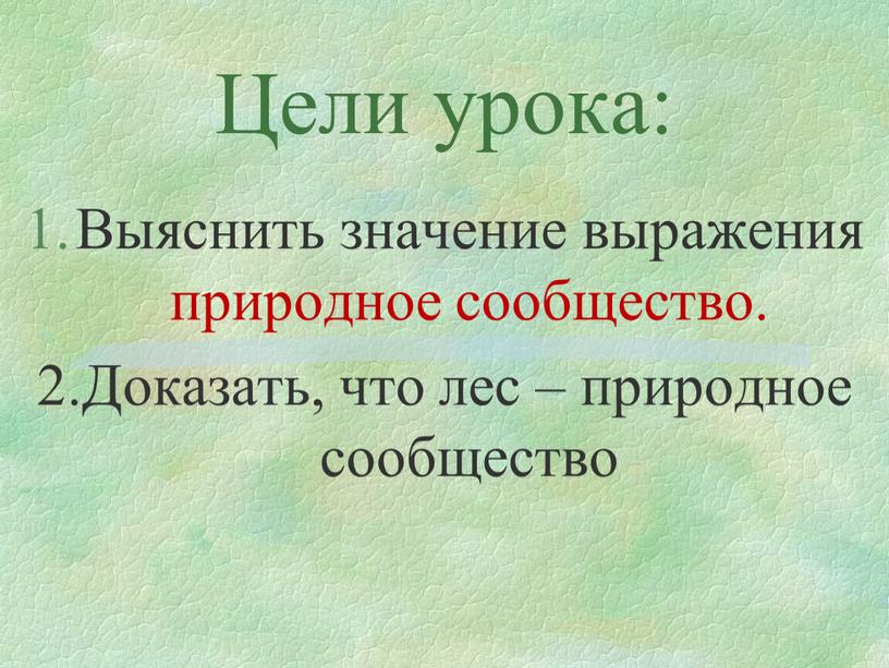 Цели урока: Выяснить значение выражения природное сообщество