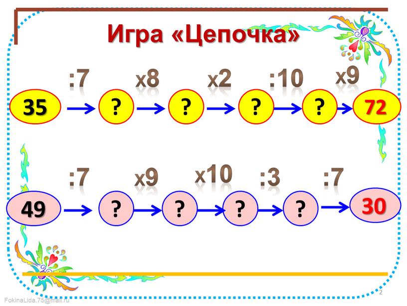 Игра «Цепочка» 35 ? ? ? ? 72 49 ? ? ? ? 30 :7 :7 :10 :7 :3