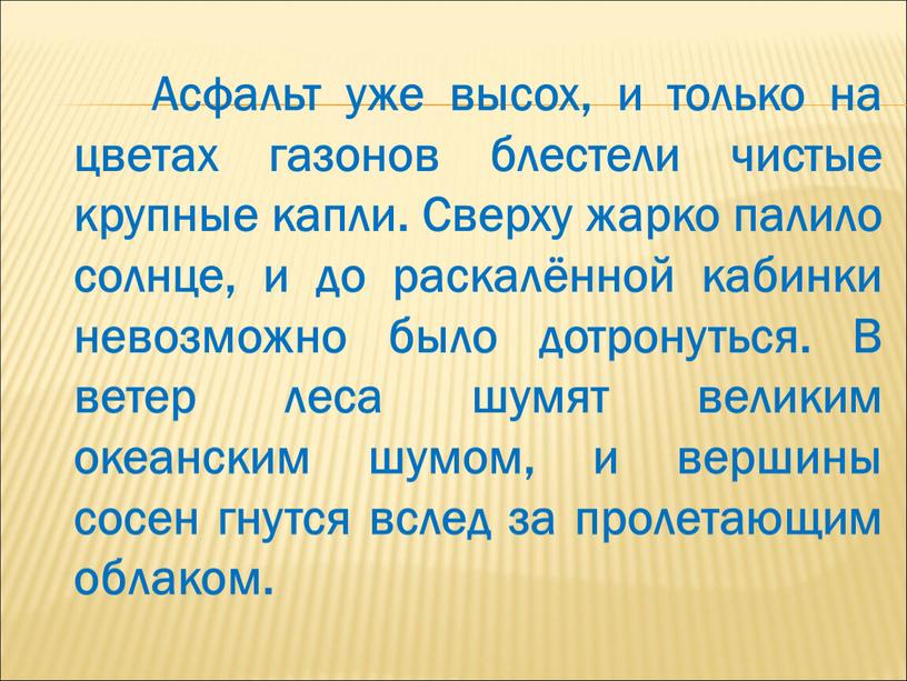 Асфальт уже высох, и только на цветах газонов блестели чистые крупные капли