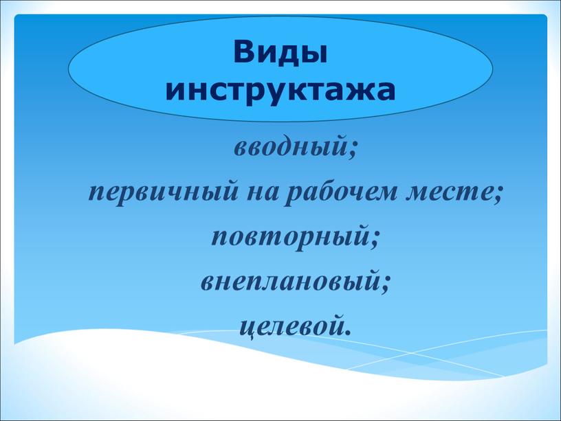 Виды инструктажа вводный; первичный на рабочем месте; повторный; внеплановый; целевой