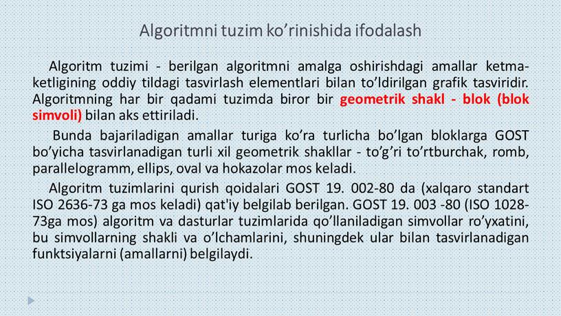 Algoritmni tuzim ko’rinishida ifodalash