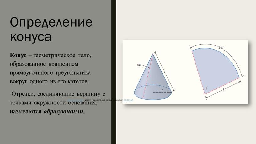 Определение конуса Конус – геометрическое тело, образованное вращением прямоугольного треугольника вокруг одного из его катетов