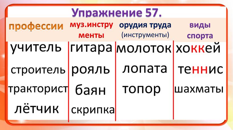 Упражнение 57. учитель гитара молоток хоккей рояль строитель тракторист лопата баян теннис скрипка топор лётчик шахматы профессии муз