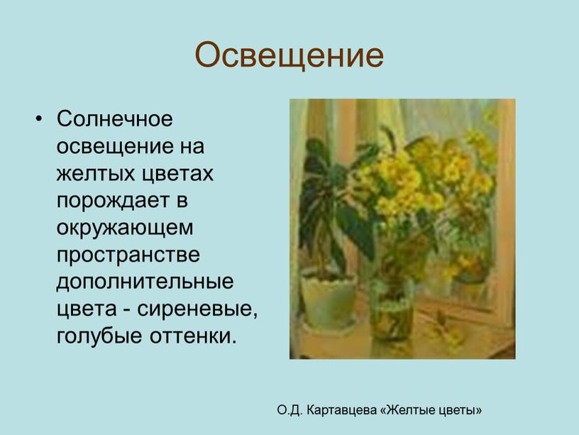 Освещение Солнечное освещение на желтых цветах порождает в окружающем пространстве дополнительные цвета - сиреневые, голубые оттенки