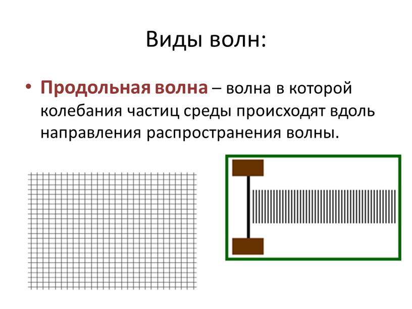 Виды волн: Продольная волна – волна в которой колебания частиц среды происходят вдоль направления распространения волны