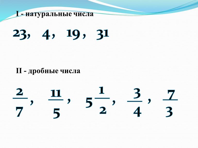 I - натуральные числа 23, 4 , 19 , 31 2 7 11 5 __ __ , , 5 1 2 __ , 3 4…