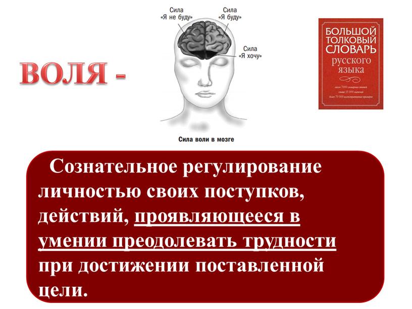 Сознательное регулирование личностью своих поступков, действий, проявляющееся в умении преодолевать трудности при достижении поставленной цели