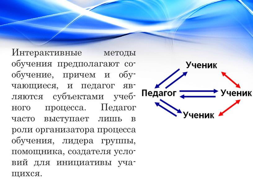 Интерактивные методы обучения предполагают со-обучение, причем и обу-чающиеся, и педагог яв-ляются субъектами учеб-ного процесса