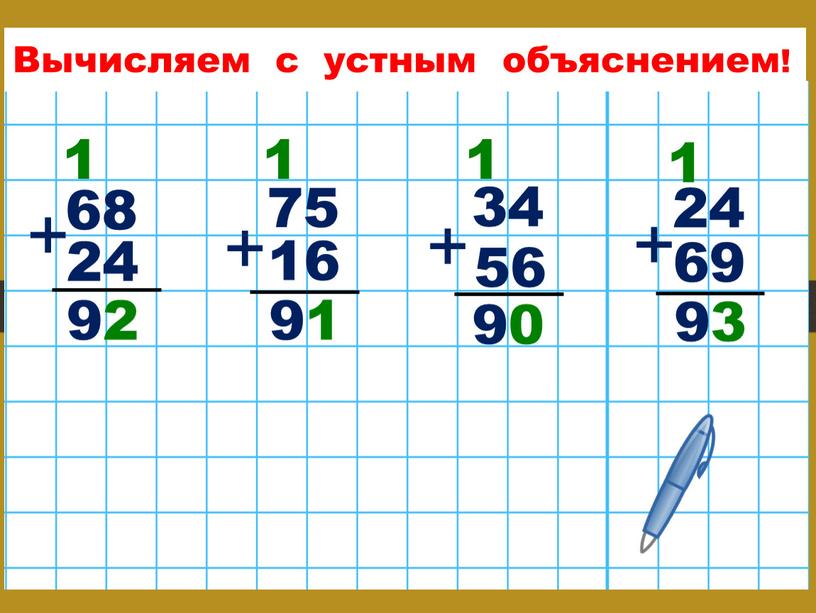 Вычисляем с устным объяснением! 68 + 92 24 75 + 91 16 34 + 90 56 69 + 93 24 1 1 1 1