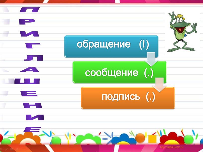 приглашение обращение (!) сообщение (.) подпись (.)