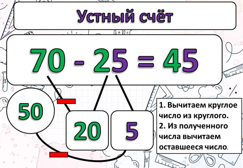 Устный счёт 70 - 25 = 45 20 5 50