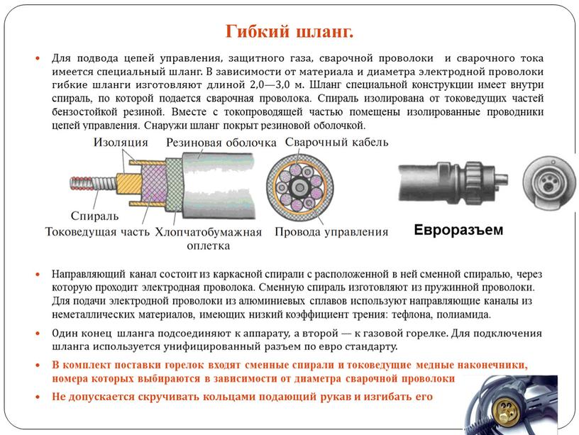 Гибкий шланг. Для подвода цепей управления, защитного газа, сварочной проволоки и сварочного тока имеется специальный шланг