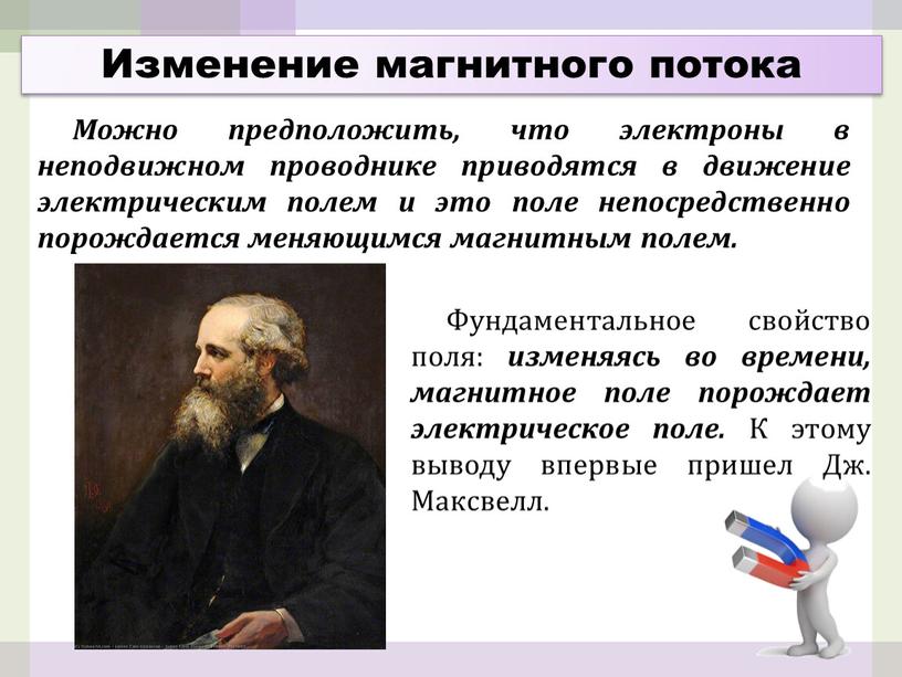 Можно предположить, что электроны в неподвижном проводнике приводятся в движение электрическим полем и это поле непосредственно порождается меняющимся магнитным полем