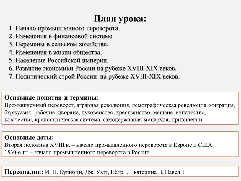 План урока: Начало промышленного переворота