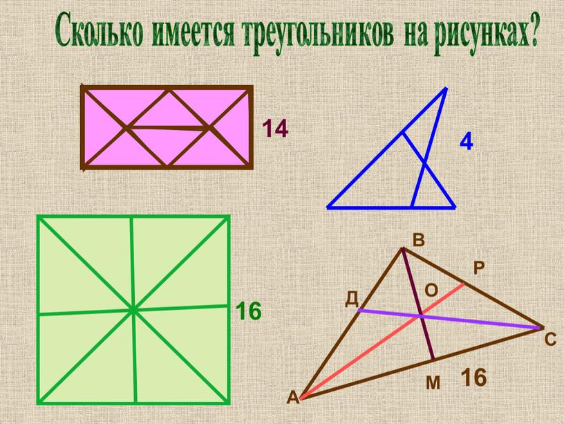 Сколько имеется треугольников на рисунках? 14 16 4