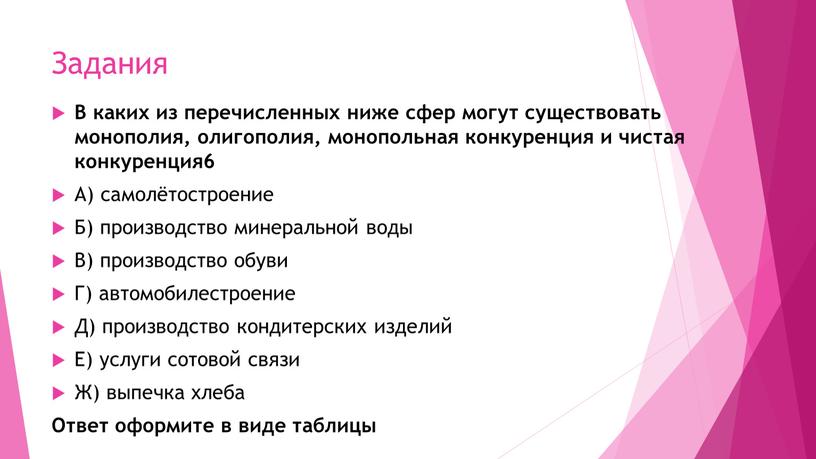 Задания В каких из перечисленных ниже сфер могут существовать монополия, олигополия, монопольная конкуренция и чистая конкуренция6