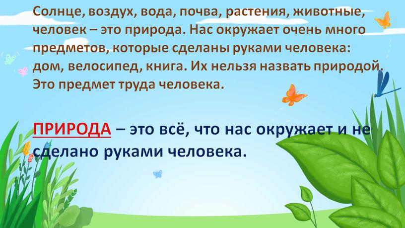 Солнце, воздух, вода, почва, растения, животные, человек – это природа