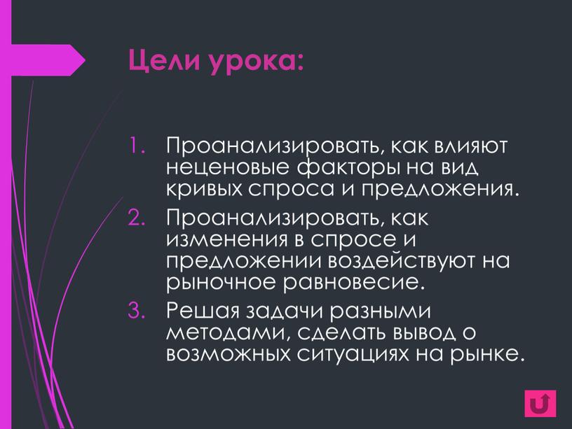 Цели урока: Проанализировать, как влияют неценовые факторы на вид кривых спроса и предложения