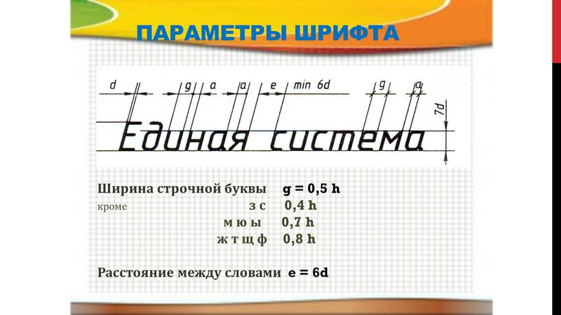 Параметры шрифта Ширина строчной буквы g = 0,5 h кроме з с 0,4 h м ю ы 0,7 h ж т щ ф 0,8 h