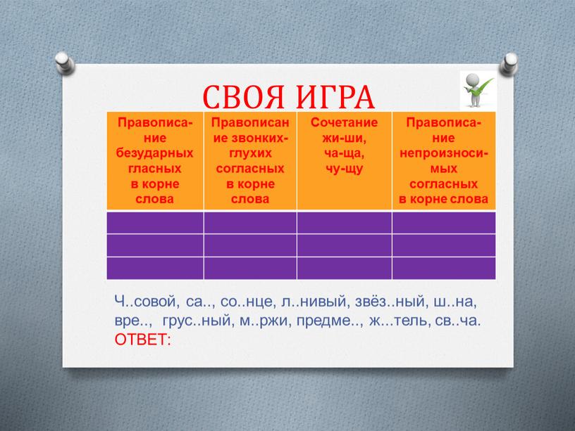 СВОЯ ИГРА Ч..совой, са.., со..нце, л