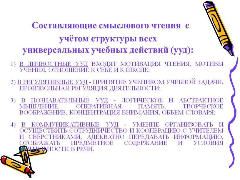 Составляющие смыслового чтения с учётом структуры всех универсальных учебных действий (ууд): 1)