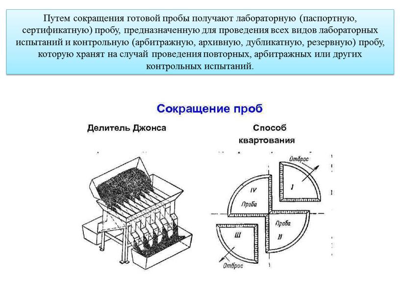 Путем сокращения готовой пробы получают лабораторную (паспортную, сертификатную) пробу, предназначенную для проведения всех видов лабораторных испытаний и контрольную (арбитражную, архивную, дубликатную, резервную) пробу, которую хранят…